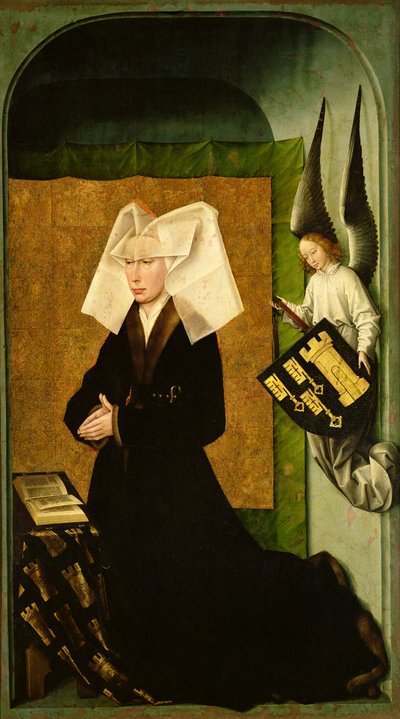 Guigone de Salins, Ehefrau des Stifters, Kanzler Nicholas Rolin, kniend im Gebet, von der Rückseite des Letzten Gerichts Polyptychon, ca. 1445-50 von Rogier van der Weyden